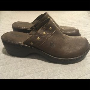 Born Brown Soft Leather Slide Mid Heel Mule Clog